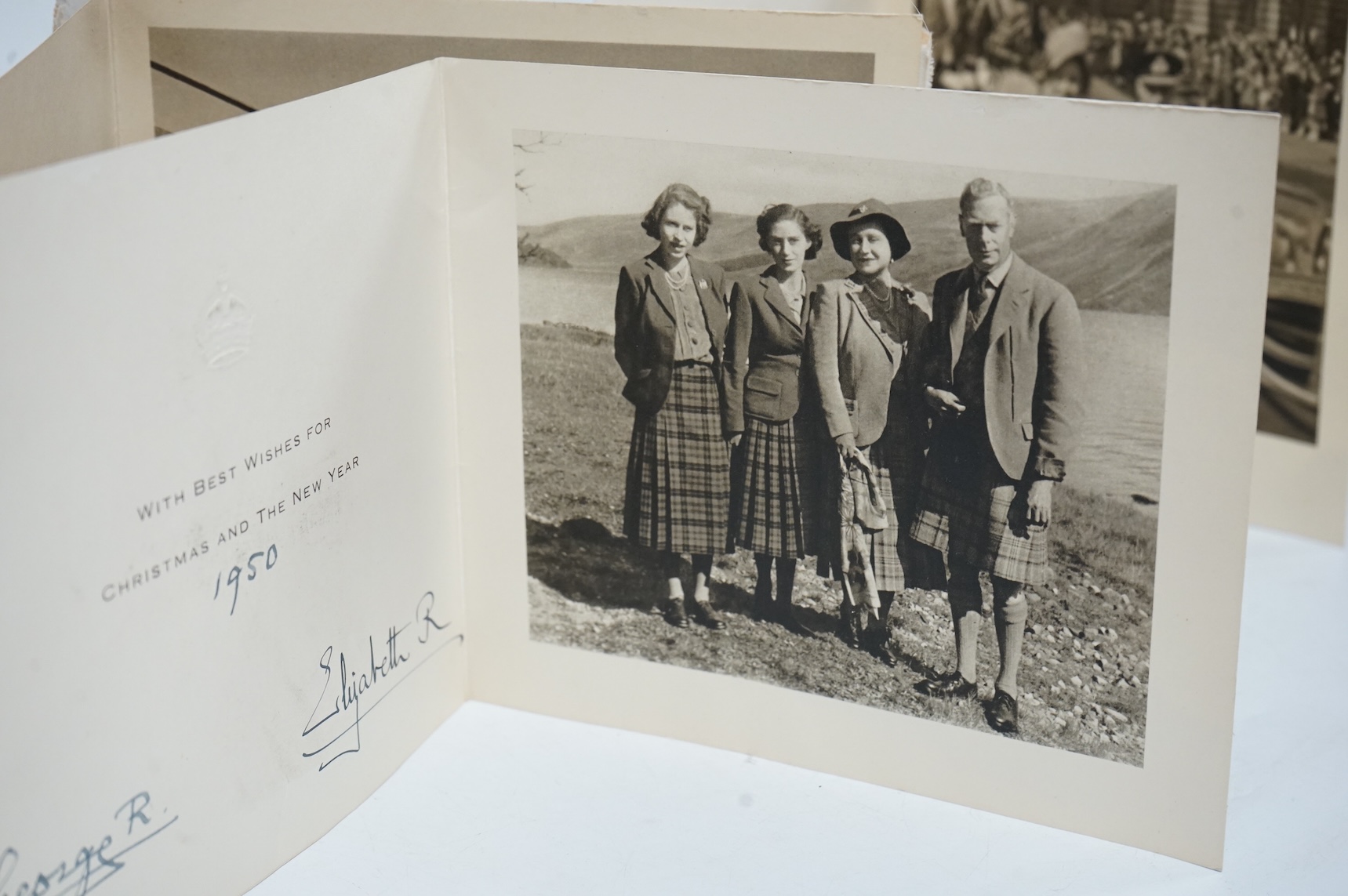 Three Royal Christmas cards from HM King George VI and Queen Elizabeth for 1948, 1949 and 1950, published by Raphael Tuck and Sons Ltd. with gilt embossed crowns on the front, inside; ‘with best wishes for Christmas and